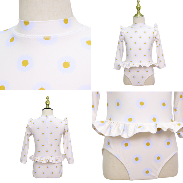 Badpak Lange Mouw Gebroken Wit met Bloemen print met Ruches Meisjes