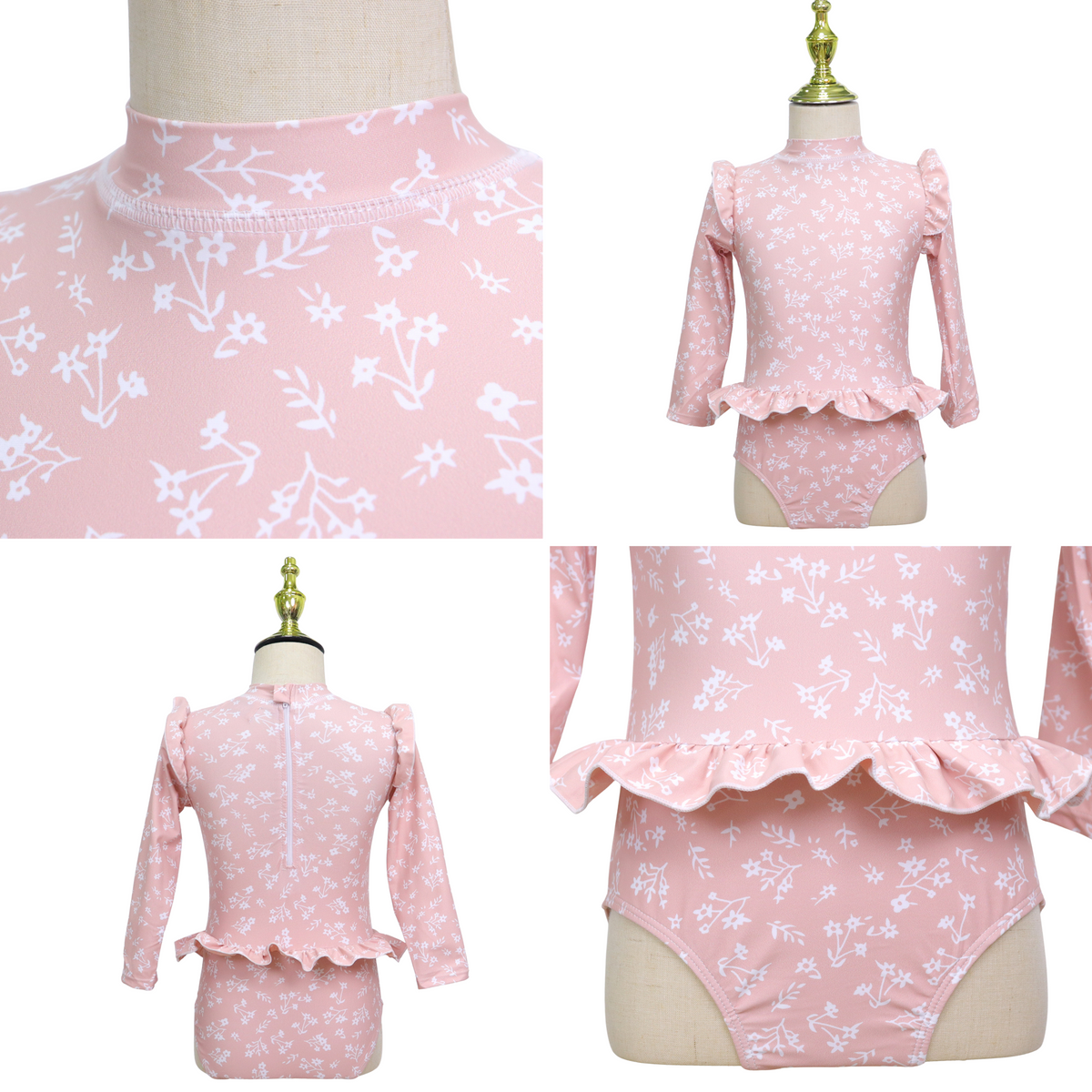Badpak Lange Mouw Oud Roze met Bloemen print met Ruches Meisjes