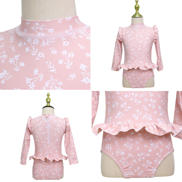 Badpak Lange Mouw Oud Roze met Bloemen print met Ruches Meisjes