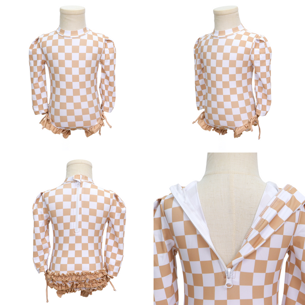 Badpak Lange Mouw Beige en Wit Geblokt met Ruches Meisjes