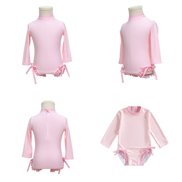 Badpak Lange Mouw Licht Roze met Streepjes en Roze Ruches Meisjes | Maat 0 - 3 Jaar