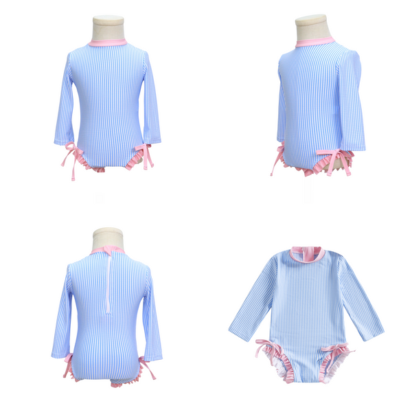 Badpak Lange Mouw Licht Blauw met Streepjes en Roze Ruches Meisjes