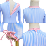 Badpak Lange Mouw Licht Blauw met Streepjes en Roze Ruches Meisjes