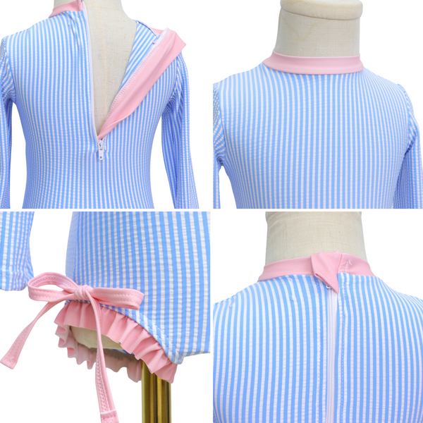 Badpak Lange Mouw Licht Blauw met Streepjes en Roze Ruches Meisjes