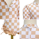 Badpak Lange Mouw Beige en Wit Geblokt met Ruches Meisjes