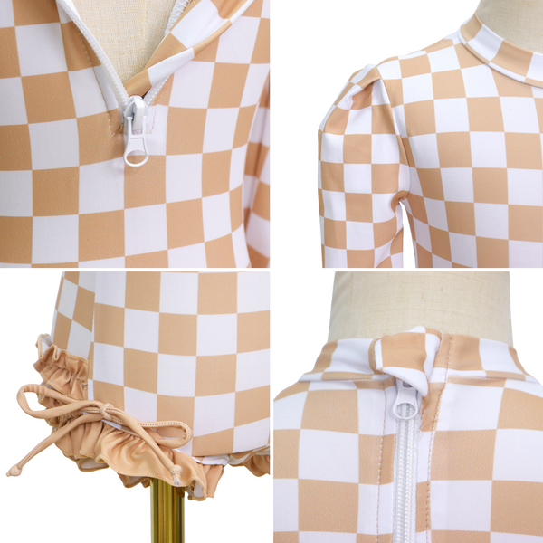 Badpak Lange Mouw Beige en Wit Geblokt met Ruches Meisjes