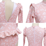 Badpak Lange Mouw Oud Roze met Bloemen print met Ruches Meisjes