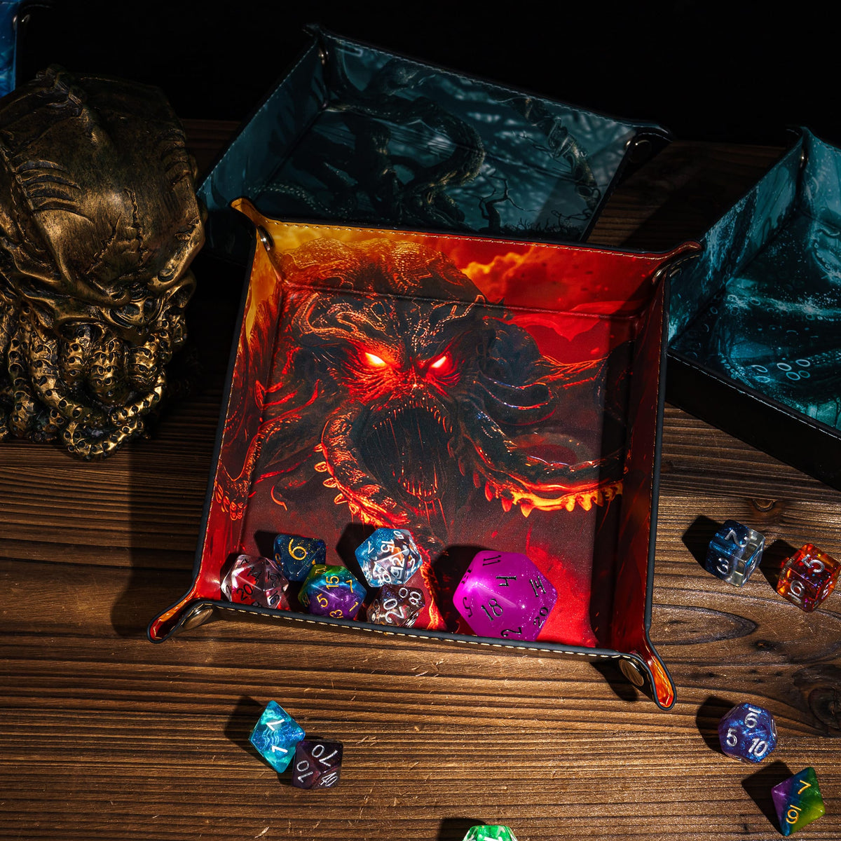 Opvouwbare Dice Tray – Zwart Kunstleer | Voor Dungeons & Dragons & TTRPG Dobbelstenen Monster Rood