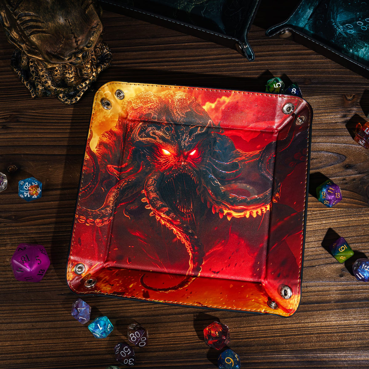 Opvouwbare Dice Tray – Zwart Kunstleer | Voor Dungeons & Dragons & TTRPG Dobbelstenen Monster Rood