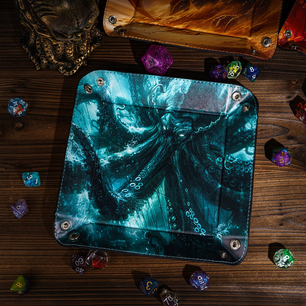 Opvouwbare Dice Tray – Zwart Kunstleer | Voor Dungeons & Dragons & TTRPG Dobbelstenen Monster Blauw Oceaan