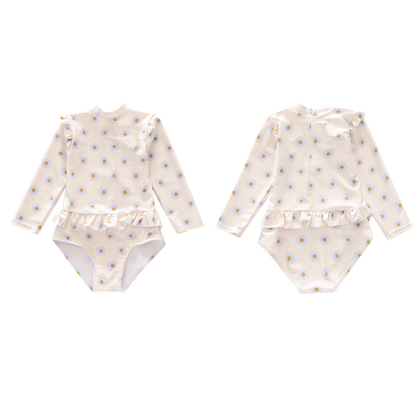 Badpak Lange Mouw Gebroken Wit met Bloemen print met Ruches Meisjes