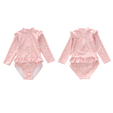 Badpak Lange Mouw Oud Roze met Bloemen print met Ruches Meisjes