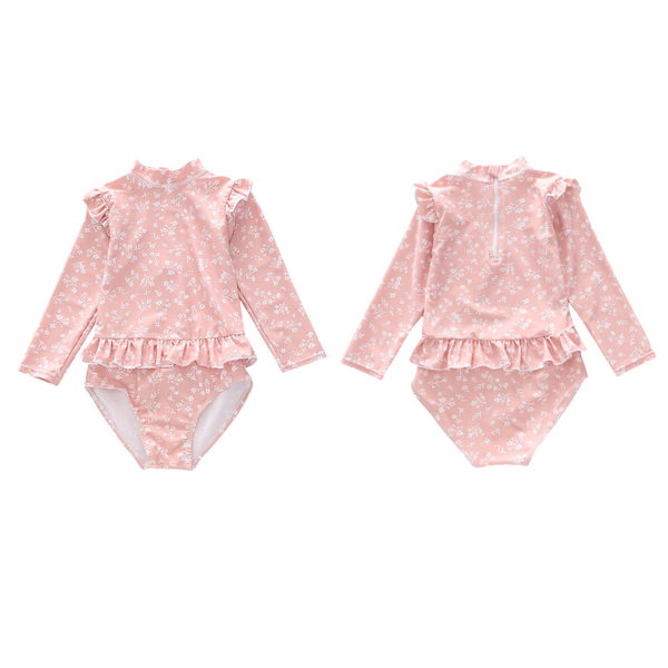 Badpak Lange Mouw Oud Roze met Bloemen print met Ruches Meisjes