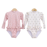 Badpak Lange Mouw Oud Roze met Bloemen print met Ruches Meisjes