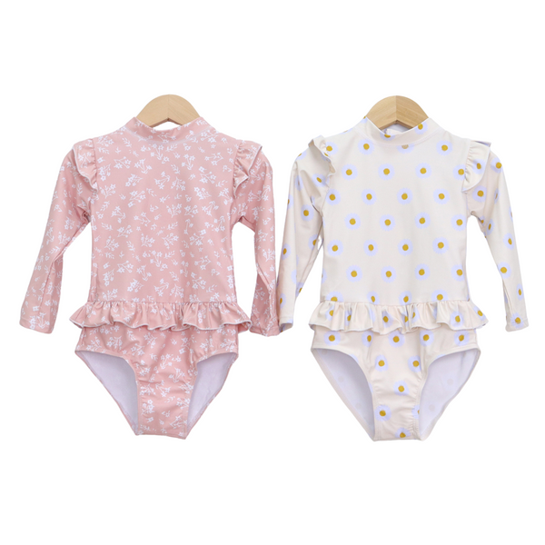 Badpak Lange Mouw Oud Roze met Bloemen print met Ruches Meisjes