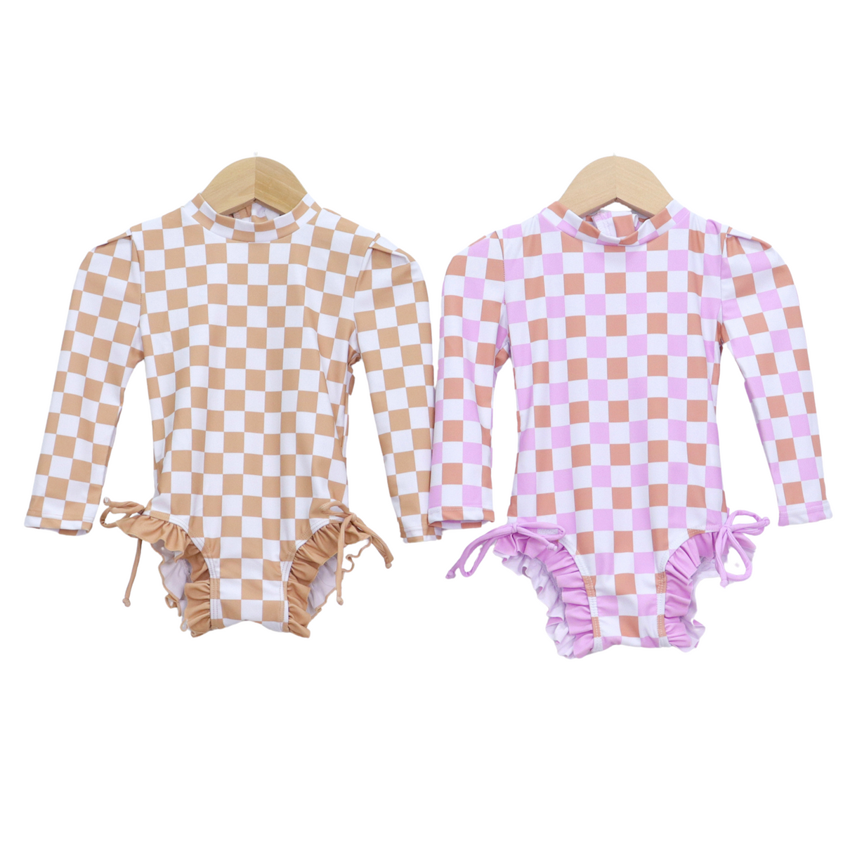 Badpak Lange Mouw Beige en Wit Geblokt met Ruches Meisjes
