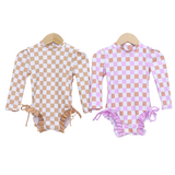 Badpak Lange Mouw Beige en Wit Geblokt met Ruches Meisjes