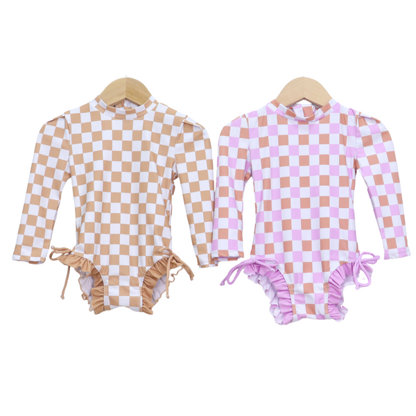 Badpak Lange Mouw Beige en Wit Geblokt met Ruches Meisjes