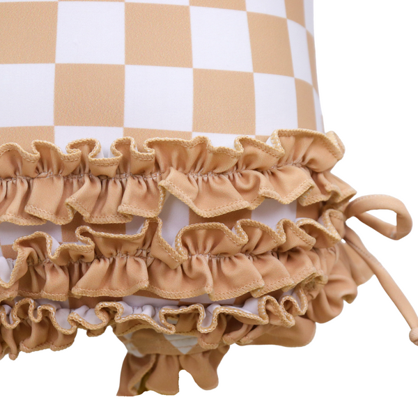Badpak Lange Mouw Beige en Wit Geblokt met Ruches Meisjes