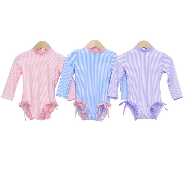 Badpak Lange Mouw Licht Blauw met Streepjes en Roze Ruches Meisjes