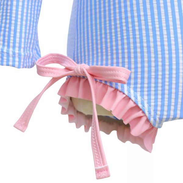 Badpak Lange Mouw Licht Blauw met Streepjes en Roze Ruches Meisjes