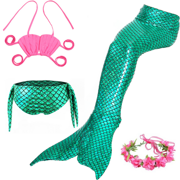 Zeemeerminstaart met bikini verkleed set Schubben Groen Metallic