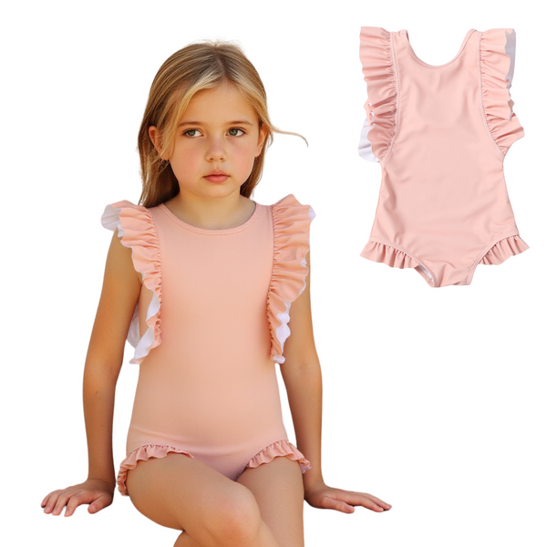 Badpak Korte Mouw Licht Roze met Ruches Meisjes | Maat 1-6 Jaar