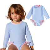 Badpak Lange Mouw Licht Blauw met Streepjes en Roze Ruches Meisjes