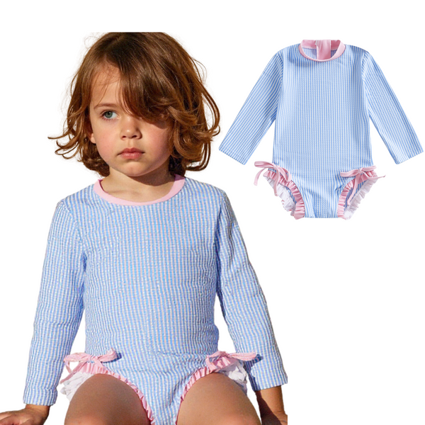 Badpak Lange Mouw Licht Blauw met Streepjes en Roze Ruches Meisjes