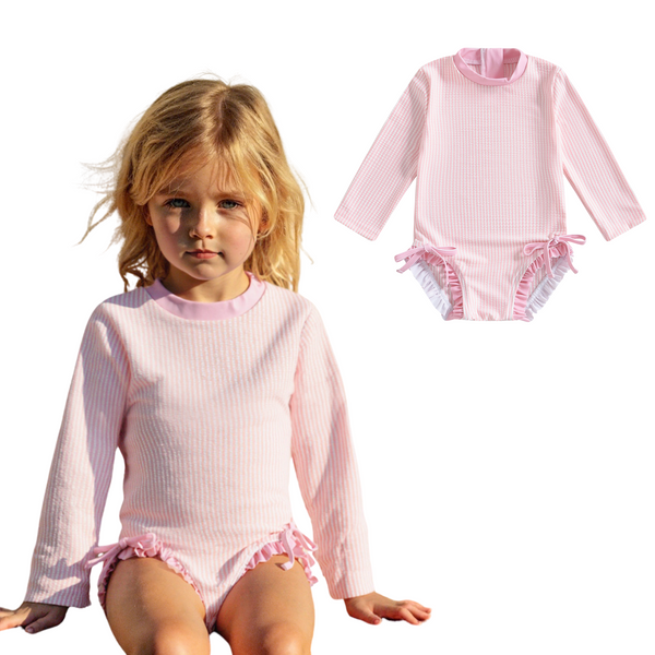 Badpak Lange Mouw Licht Roze met Streepjes en Roze Ruches Meisjes | Maat 0 - 3 Jaar
