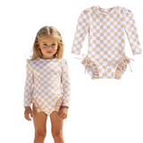 Badpak Lange Mouw Beige en Wit Geblokt met Ruches Meisjes