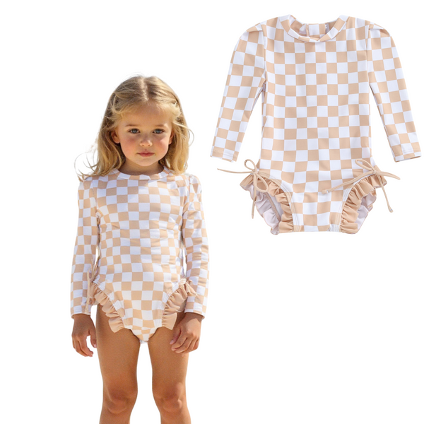 Badpak Lange Mouw Beige en Wit Geblokt met Ruches Meisjes