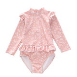 Badpak Lange Mouw Oud Roze met Bloemen print met Ruches Meisjes