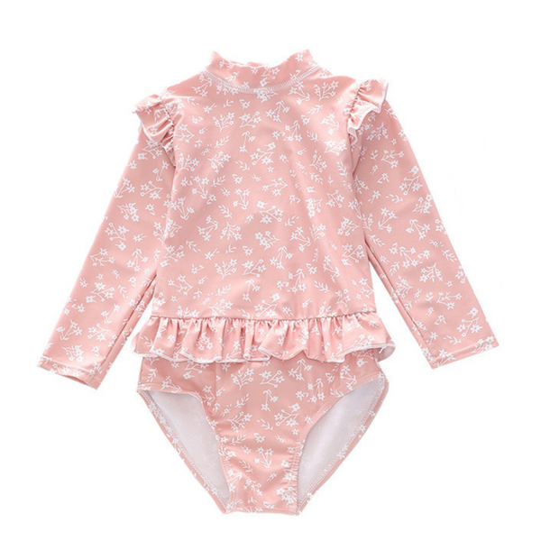 Badpak Lange Mouw Oud Roze met Bloemen print met Ruches Meisjes