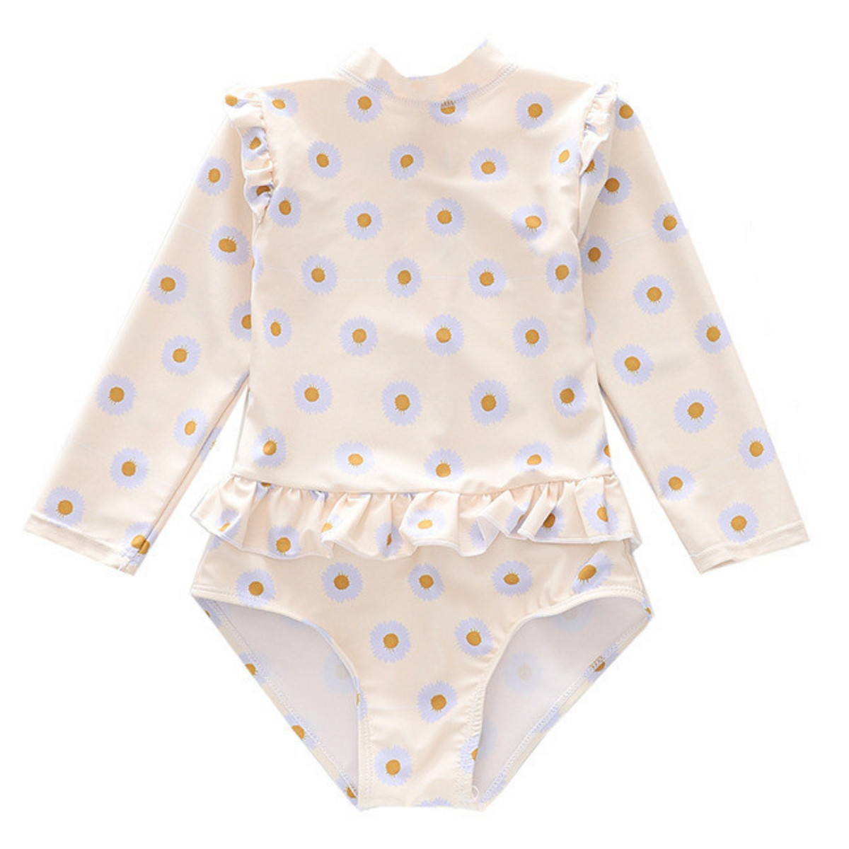 Badpak Lange Mouw Gebroken Wit met Bloemen print met Ruches Meisjes