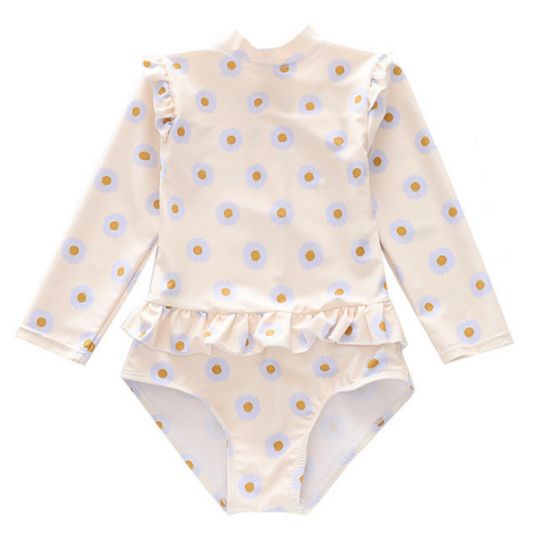 Badpak Lange Mouw Gebroken Wit met Bloemen print met Ruches Meisjes