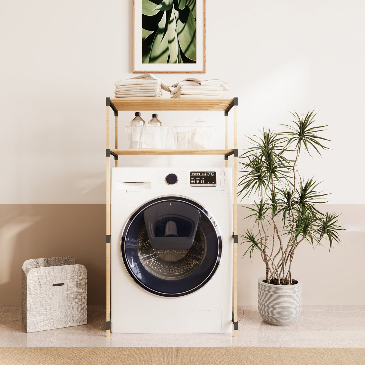 FixWood 2-Laags Wasmachine Rek – Zwart - Houten Opbergrek voor Wasmachine – Ruimtebesparend Badkamerrek 127 cm – Beukenlook – 33x66x127 cm (