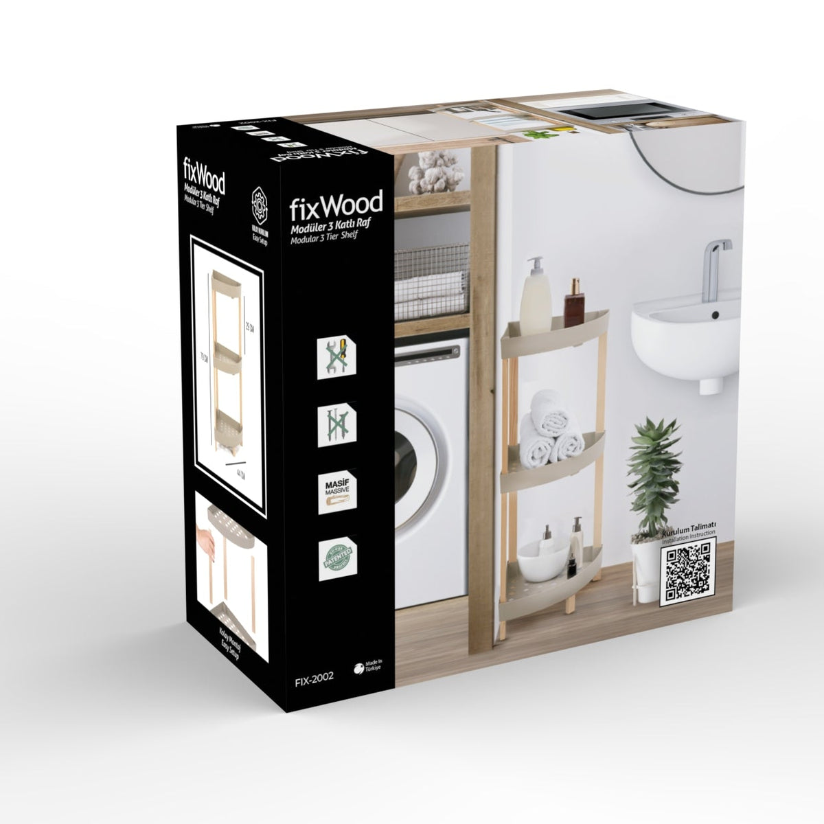 FixWood Houten Hoekrek – 3-Laags Organizer – Compact Badkamer- en Keukenrek – 75 x 44 cm