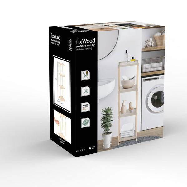 FixWood Houten Modulaire Opbergrek – Massief Hout & Kunststof – Badkamerrek, Keukenrek of Plantenrek – 105 cm Hoog – Beige-Naturel