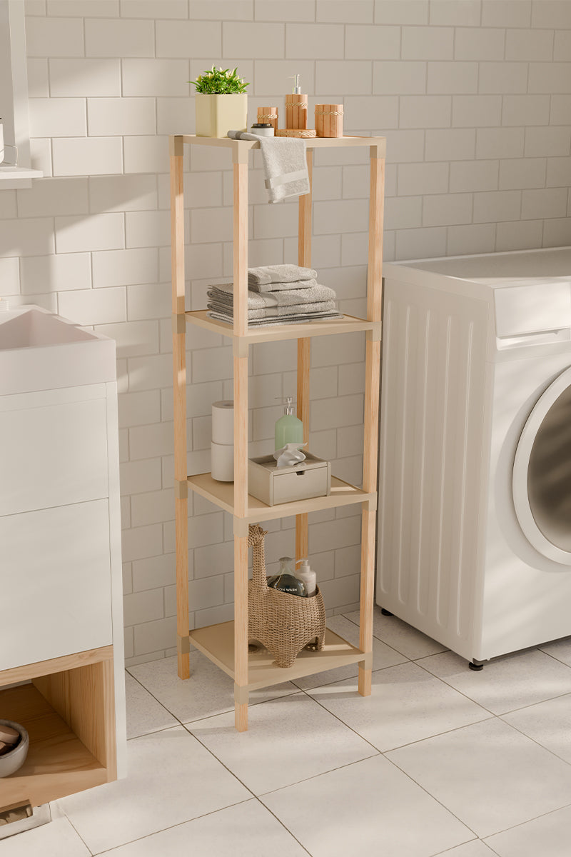 FixWood Houten Modulaire Opbergrek – Massief Hout & Kunststof – Badkamerrek, Keukenrek of Plantenrek – 105 cm Hoog – Beige-Naturel