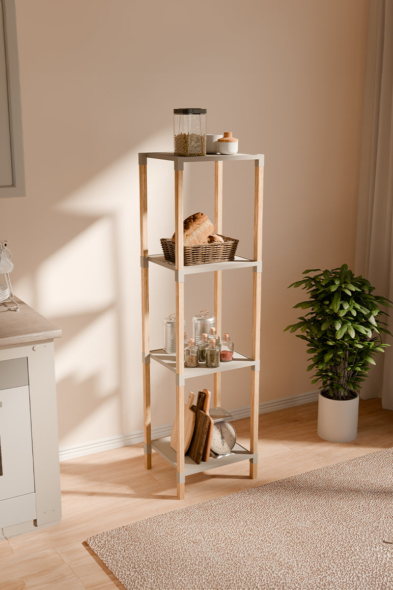 FixWood Houten Modulaire Opbergrek – Massief Hout & Kunststof – Badkamerrek, Keukenrek of Plantenrek – 105 cm Hoog – Beige-Naturel