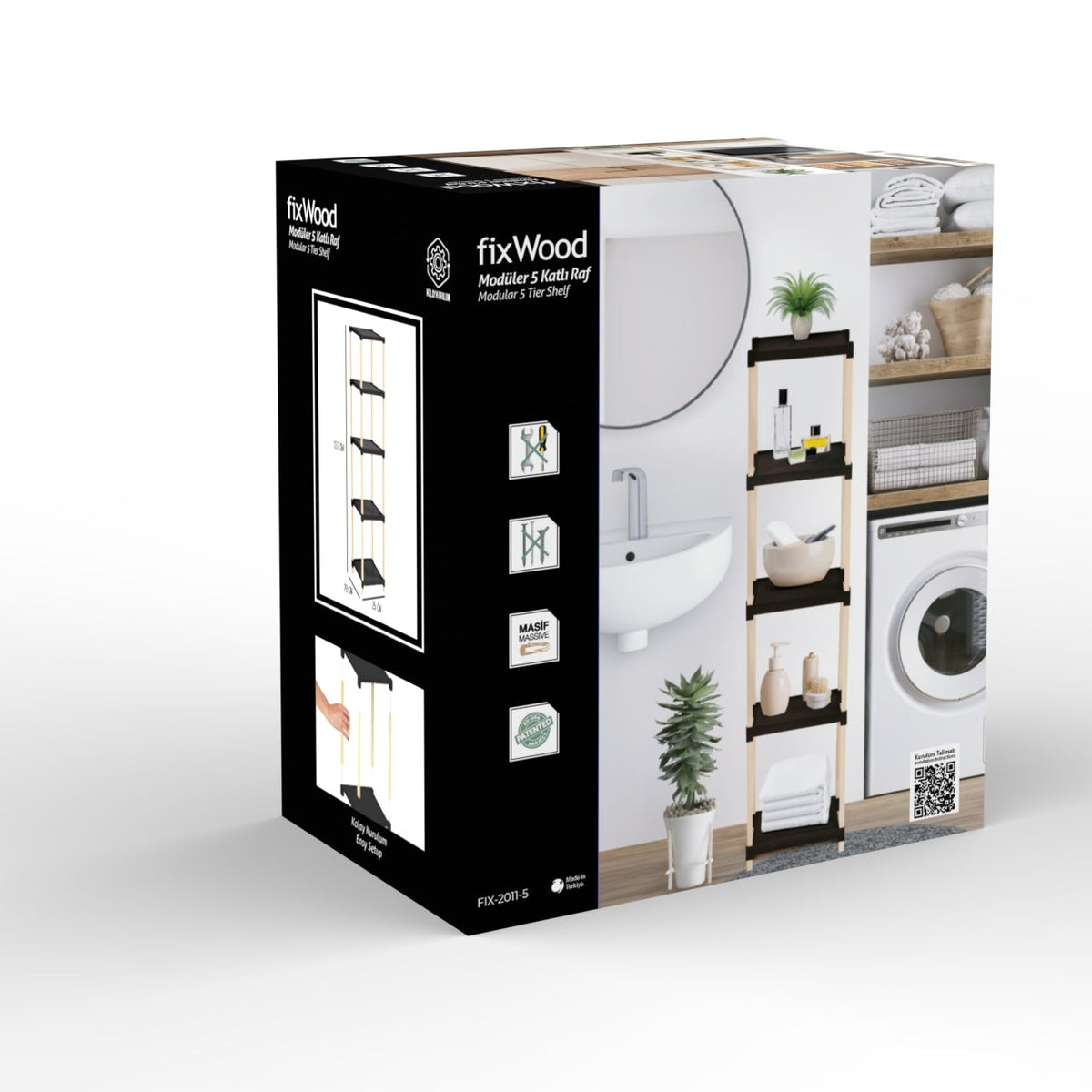 FixWood Houten Modulaire Opbergrek – Massief Hout & Kunststof – Badkamerrek, Keukenrek of Plantenrek – 127 cm Hoog – Zwart-Naturel