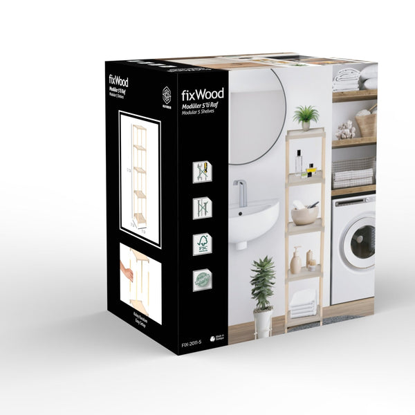 FixWood Houten Modulaire Opbergrek – Massief Hout & Kunststof – Badkamerrek, Keukenrek of Plantenrek – 127 cm Hoog – Beige-Naturel