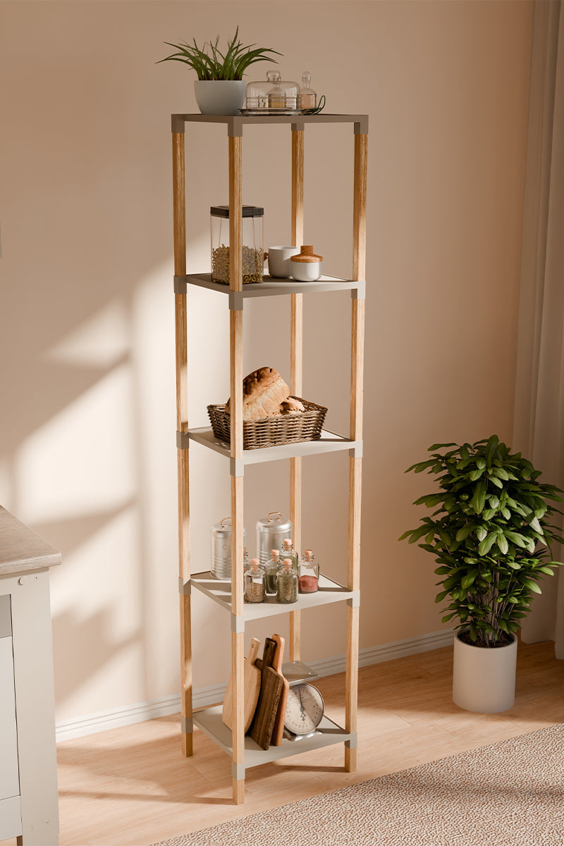 FixWood Houten Modulaire Opbergrek – Massief Hout & Kunststof – Badkamerrek, Keukenrek of Plantenrek – 127 cm Hoog – Beige-Naturel
