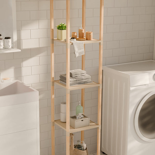 FixWood Houten Modulaire Opbergrek – Massief Hout & Kunststof – Badkamerrek, Keukenrek of Plantenrek – 127 cm Hoog – Beige-Naturel