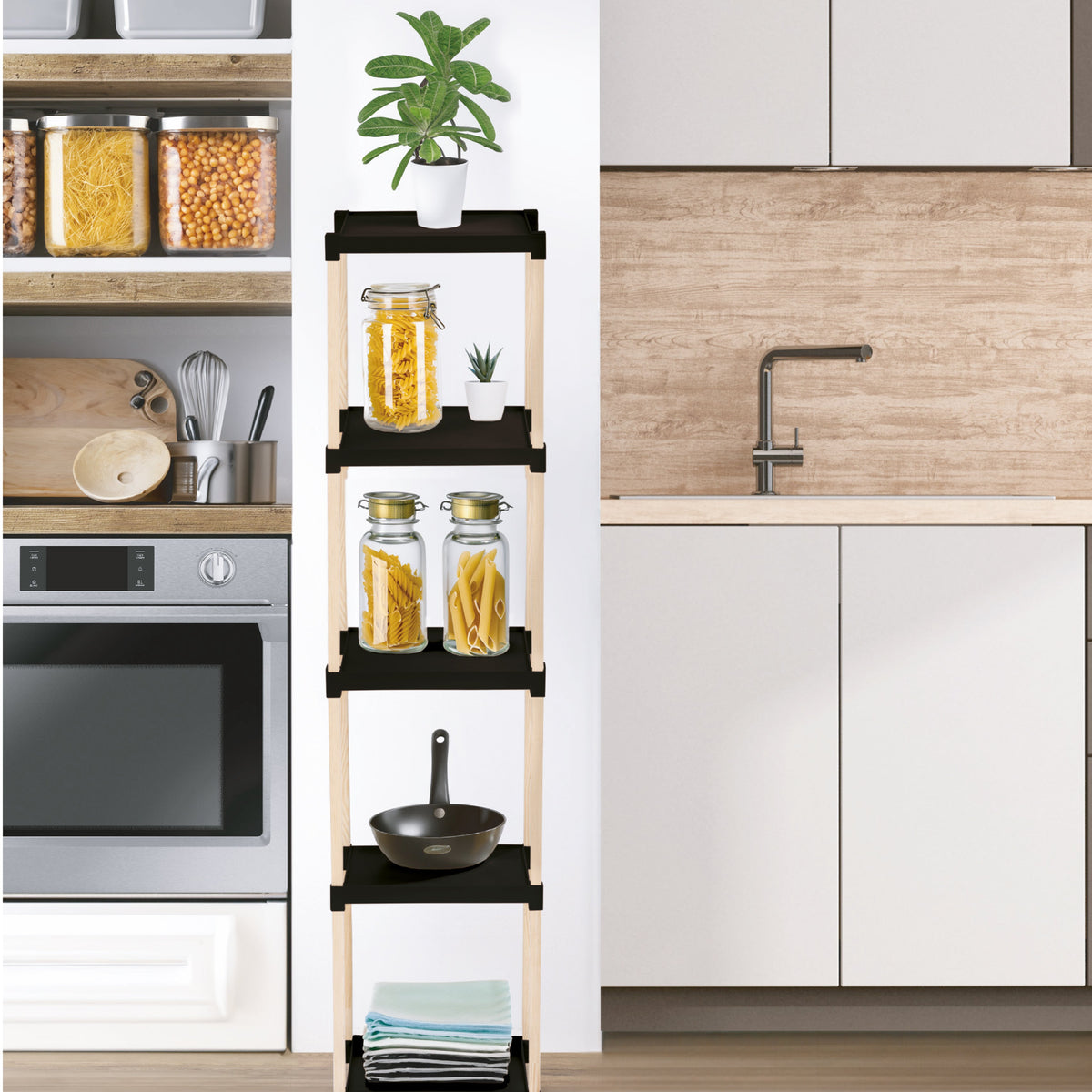 FixWood Houten Modulaire Opbergrek – Massief Hout & Kunststof – Badkamerrek, Keukenrek of Plantenrek – 127 cm Hoog – Zwart-Naturel