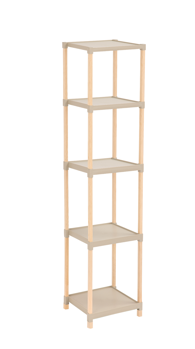FixWood Houten Modulaire Opbergrek – Massief Hout & Kunststof – Badkamerrek, Keukenrek of Plantenrek – 127 cm Hoog – Beige-Naturel
