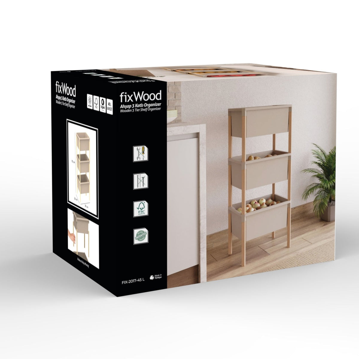 FixWood Houten 3-Laags Opbergrek – 95x30x30 cm – Multifunctioneel Rek voor Keuken, Badkamer & Speelkamer – Massief Hout & Stevig Kunststof – Eenvoudig te Monteren