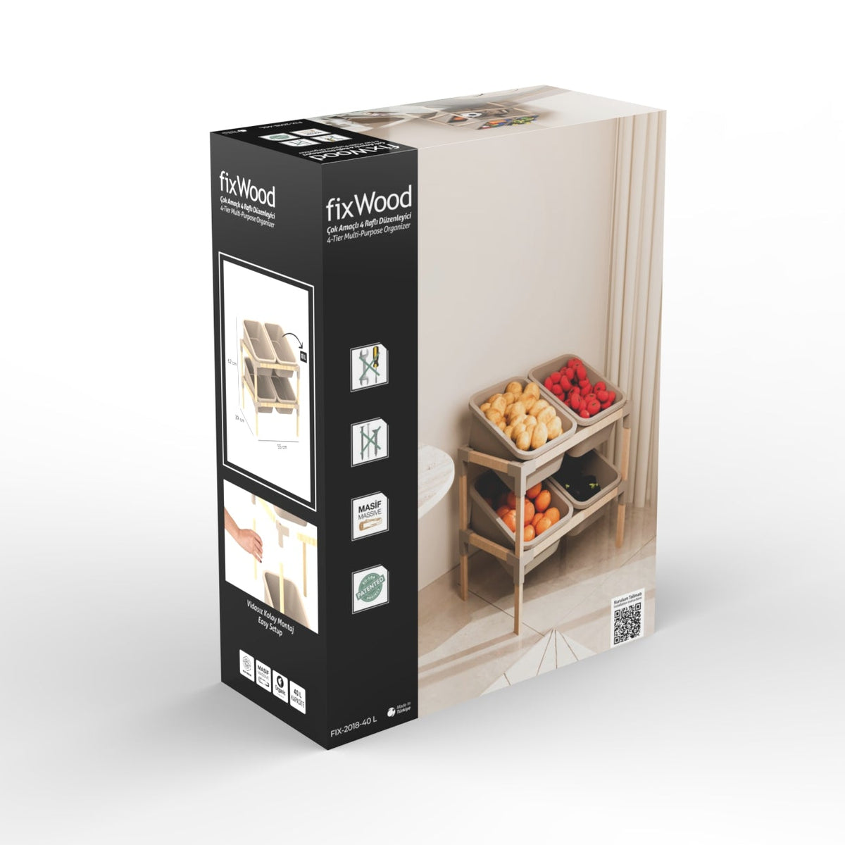 FixWood 2-laags Opbergrek met 4 Uitneembare Boxen – Speelgoed Organizer - Keukenrek - Multi-functioneel Opbergmeubel – 55 x 39 x 62 cm – Hout & Kunststof