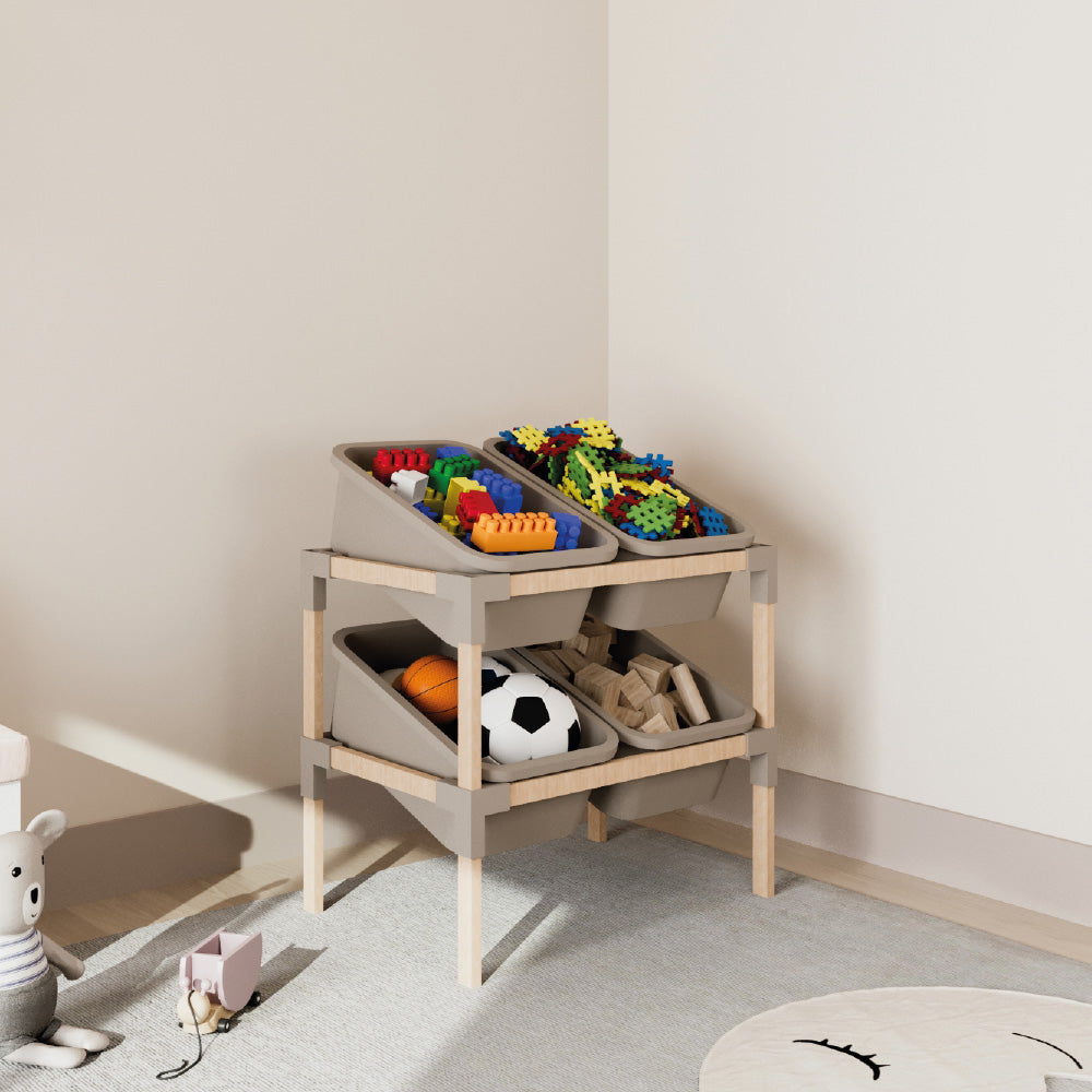 FixWood 2-laags Opbergrek met 4 Uitneembare Boxen – Speelgoed Organizer - Keukenrek - Multi-functioneel Opbergmeubel – 55 x 39 x 62 cm – Hout & Kunststof